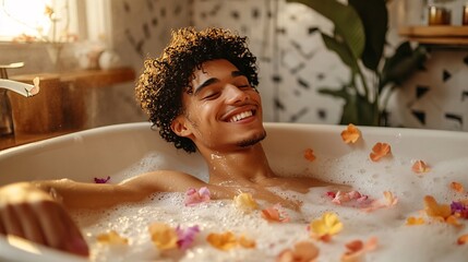 Relaxing Young Adult Enjoying a Bubble Bath