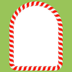 Vector Christmas candy cane frame with red and white stripes on green background. Xmas border.