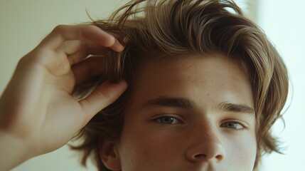 Obraz premium Young Man Gently Running Hand Through Hair Close-Up