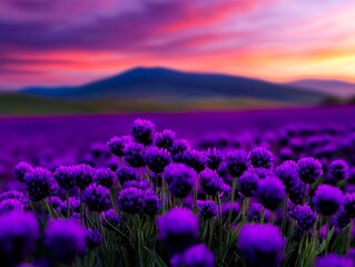 Obraz premium A field of purple flowers with a sunset in the background
