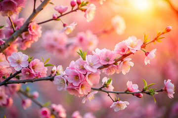Obraz premium A beautiful branch of pink cherry blossoms blooms in soft sunlight, creating a serene and vibrant spring atmosphere.