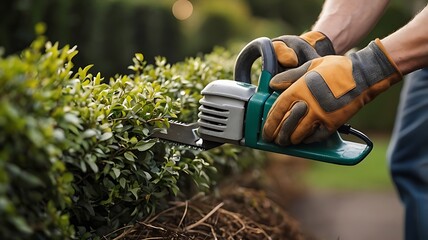 Fototapeta premium Cutting green leaves using an electric hedge trimmer