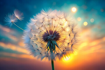 A vibrant dandelion silhouetted against a colorful sunset, with seeds dispersing in the gentle breeze, evokes a sense of tranquility and fleeting beauty.