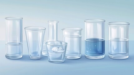 Photorealistic image of laboratory glassware set against a blue gradient background