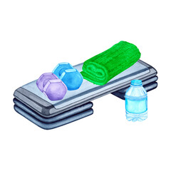 Watercolor illustration of aerobic step, towel, water bottle and dumbbells. Hand drawn. Sports equipment on transparent background. Image of items for stickers, scrapbooking, posters, prints