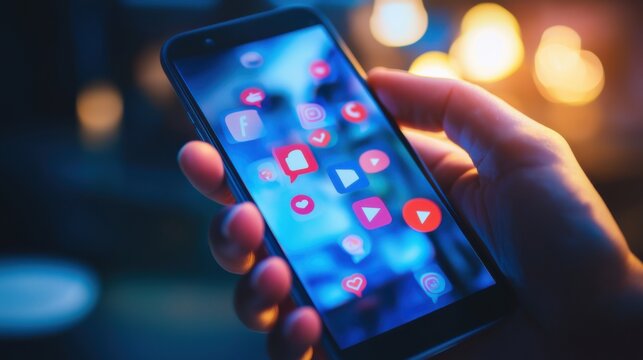 Person using a smartphone to interact with various social media applications at night in a dimly lit environment