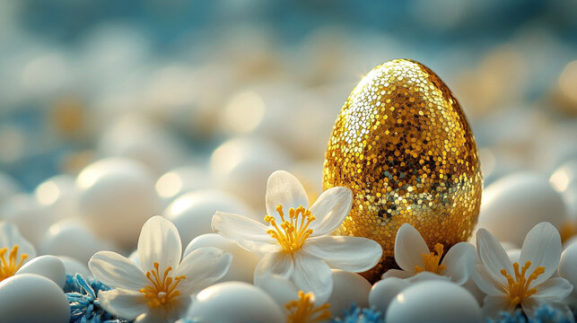 single golden egg stands out among a group of plain white eggs, symbolizing uniqueness, value, and opportunity. The blurred blue background adds depth and a sense of calm contrast
