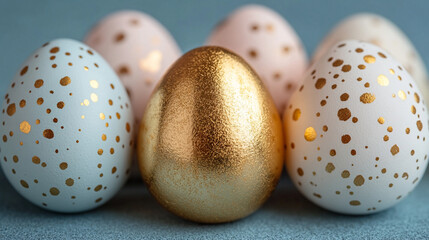 Obraz premium single golden egg stands out among a group of plain white eggs, symbolizing uniqueness, value, and opportunity. The blurred blue background adds depth and a sense of calm contrast