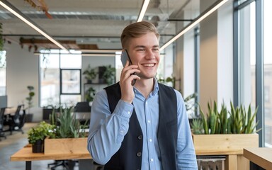 Happy young entrepreneur speaking on smartphone at modern office workplace