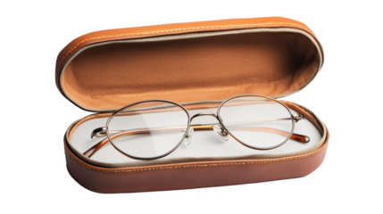 Reading glasses on brown case isolated on transparent background