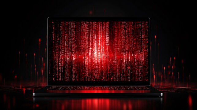 A dark scene featuring a glowing red matrix on a laptop screen, creating a digital, high-tech ambiance.