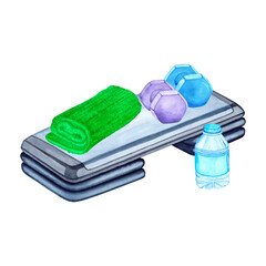 Watercolor illustration of aerobic step, towel, water bottle and dumbbells. Hand drawn. Sports equipment on transparent background. Image of items for stickers, scrapbooking, posters, prints