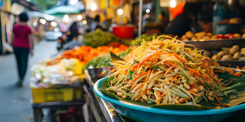 Experience the vibrant flavors of Som Tum, a traditional Thai green papaya salad, beautifully presented with fresh herbs, tomatoes, and a hint of chili, reflecting the essence of Thai street food