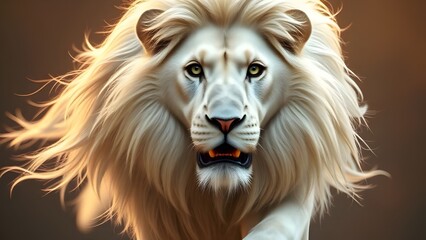 Fototapeta premium Majestic White Lion Staring Intently Beautiful Eyes Captivating Mane Powerful Presence Wild Animal