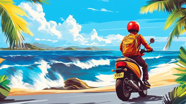Joyful Delivery Boy Riding on a Scenic Beach Road