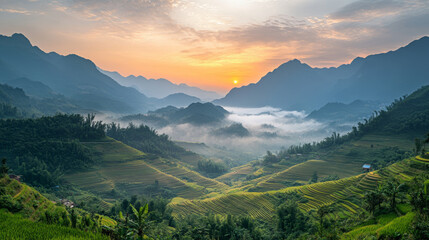 A peaceful sunrise over Vietnam's northern mountains, with fog rolling over terraced rice fields and distant peaks