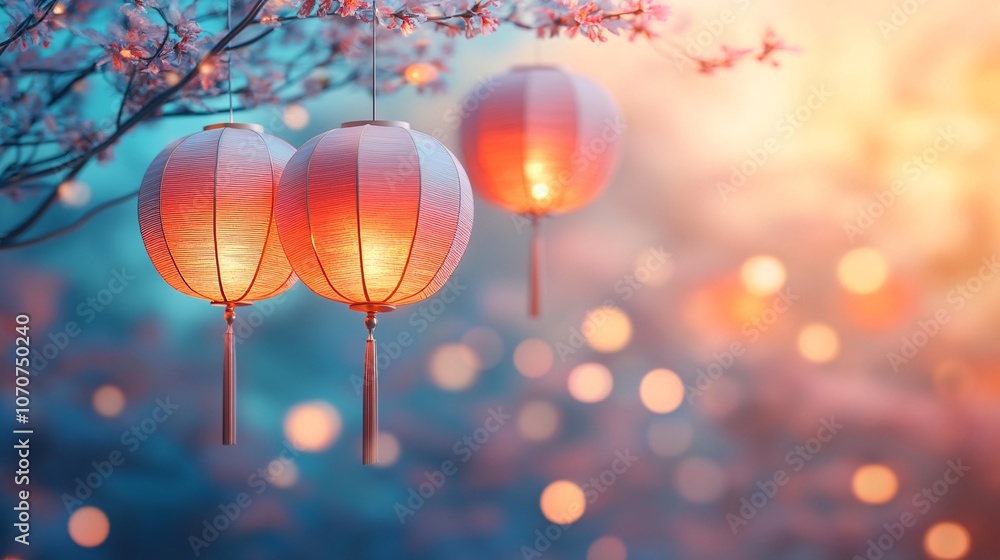 Poster softly glowing lanterns hang amid a dreamy background of bokeh lights, creating a serene and enchant