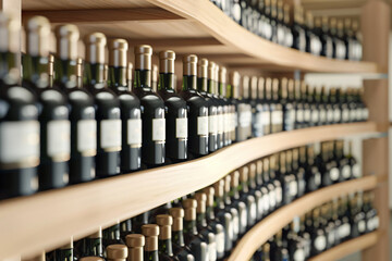 wine cellar with curved oak shelving, subtle spotlighting