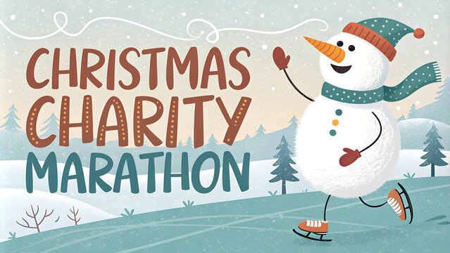 Christmas Charity Marathon poster featuring snowman running, festive atmosphere, winter event

