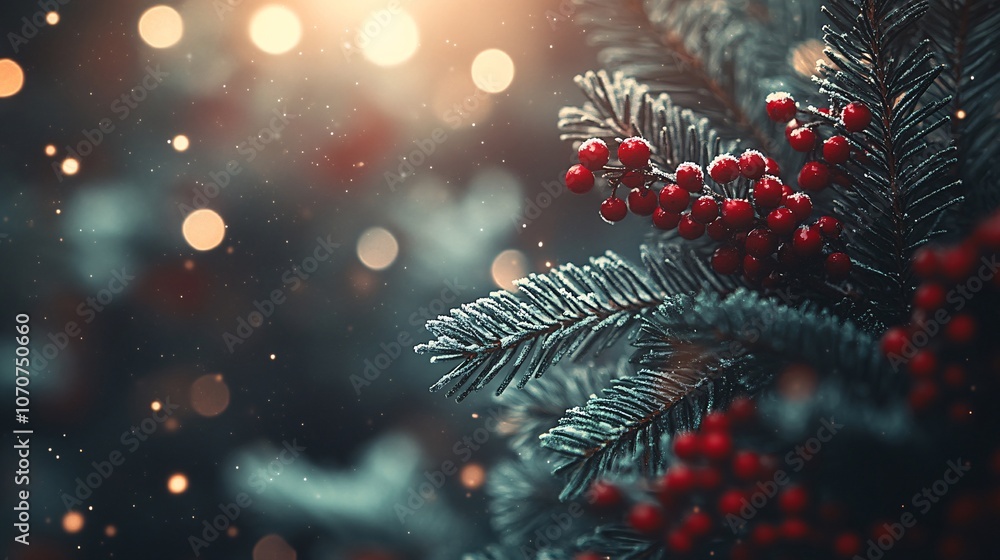 Aufkleber a close-up view of evergreen branches adorned with red berries, softly illuminated by ambient light,