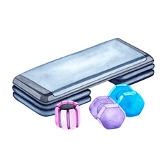 Watercolor illustration of aerobic step and dumbbells. The drawing is done by hand. Sports equipment on a transparent background. Image of objects for stickers, scrapbooking, posters, prints