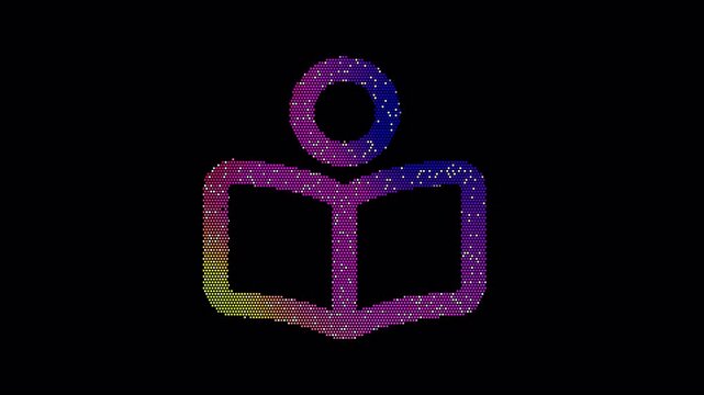 Icon book reader is made up of LED square shapes that shimmer and flicker. There are black dead diodes. In-Out looped. Alpha BW at the end