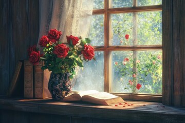 Red Rose in Vase on Old Wooden Background: Romantic and Rustic Floral Decor