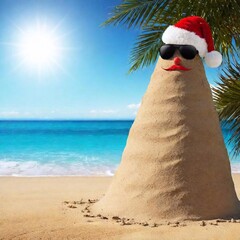 A high-resolution digital artwork of a tropical beach scene featuring a whimsical sandman. The sandman, crafted from layers of sand, is adorned with a bright red Santa hat and dark sunglasses, giving 