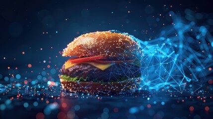 A delicious hamburger with digital particles swirling around it on a dark blue background.