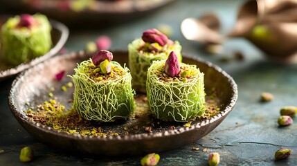 Dubai chocolate with green kataifi and pistachio paste. Trend dessert --ar 16:9