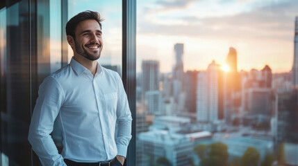 Fototapeta premium Cheerful businessman standing by a large window with a view of the city skyline, smiling as he plans new business ventures
