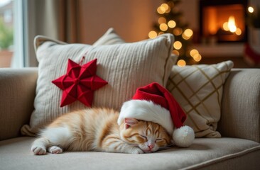 Cute kitten sleeps on the sofa next to a New Year's pillow near the Christmas tree