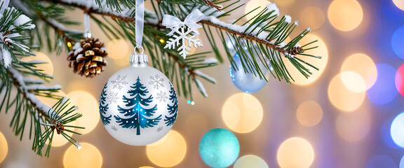 Merry Christmas decorative pine leaves with bokeh light background with lots of copy space, and happy New Year background gen. AI	
