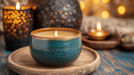 Obraz premium Warm candlelight on rustic wooden plate, creating a cozy ambiance with glowing candles for peaceful home decor
