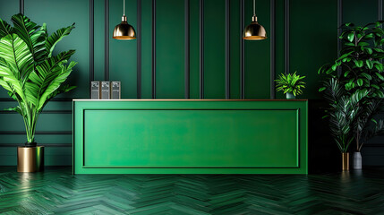 A modern reception area featuring a vibrant green counter, stylish pendant lights, and tropical plants against a dark green backdrop.
