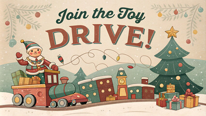Cheerful illustration promoting a toy drive featuring an elf on a train with gifts and a Christmas tree