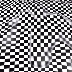 Obraz premium A high-resolution ultrarealistic digital artwork of a warped black and white checkerboard pattern. The image creates an optical illusion of depth and curvature, with the checkered grid appearing to be