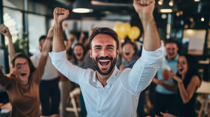 Fototapeta premium Happy business owner celebrating a business milestone, surrounded by team members in a cheerful and supportive environment