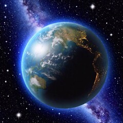 Obraz premium A high-resolution digital artwork captures the Earth in the vast expanse of space. The planet, detailed with vibrant blues, greens, and browns, showcases continents, oceans, and swirling weather patte