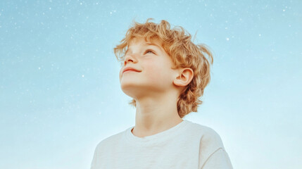 Blond boy gazing at starry sky with dreamy expression, background, concept of imagination