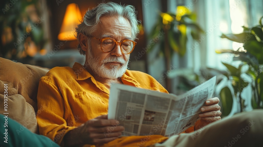 Fototapete an older gentleman wearing round glasses is seated comfortably on a couch, engrossed in reading the 