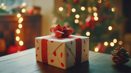 Gift box with ribbon in cozy room setting with holiday lights as a background