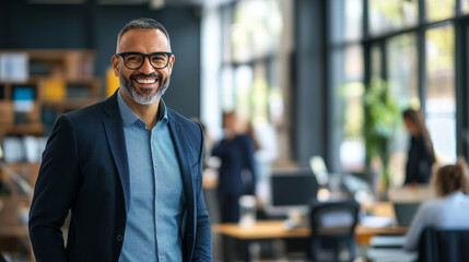 Obraz premium Happy businessman walking through a bustling office, interacting with employees and smiling as he oversees his successful business