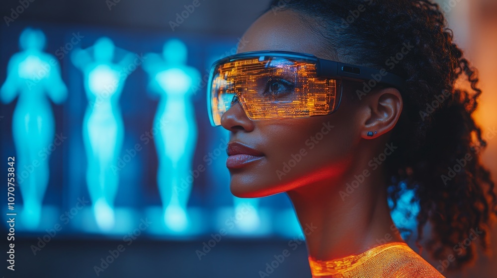 Poster exploring virtual avatars through augmented reality glasses in a futuristic lab setting