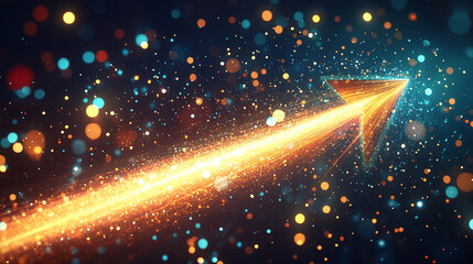 vibrant arrow pointing upwards, enveloped in dynamic light trails against a dark background, symbolizes growth, ambition, and forward momentum, evoking themes of progress and innovation