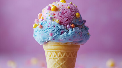 A colorful ice cream cone topped with vibrant scoops, decorated with sprinkles, set against a soft pink background.