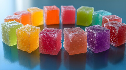 A colorful arrangement of gummy candy cubes on a shiny surface, showcasing various vibrant hues and textures.