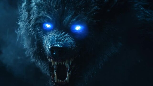 Fierce werewolf creature with glowing blue eyes emerges from dark shadows, showcasing its sharp teeth and thick fur, embodying fantasy monster that evokes danger and intrigue.