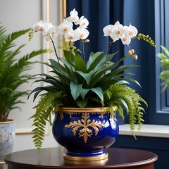 luxurious ceramic flower pot in a glossy deep-blue color, with golden leaf detailing along the rim