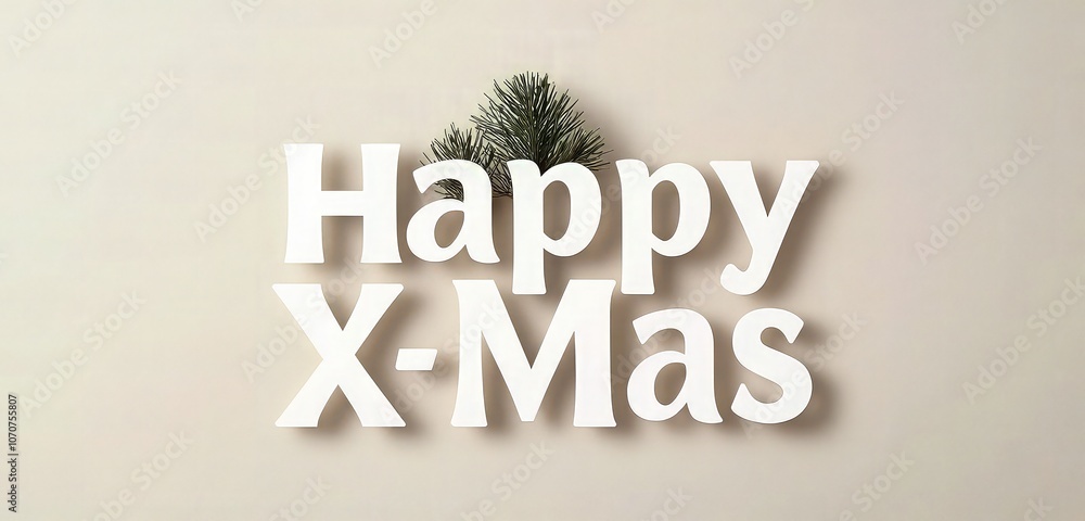 Poster happy x-mas text in white on a light beige background with just a hint of a pine tree silhouette beh